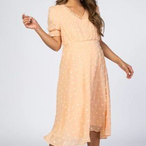 Peach Swiss Dot Ruffle Trim Maternity Dress